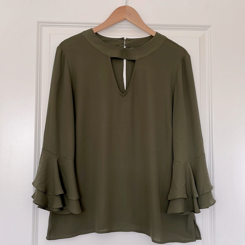 New York & Company Olive Green Blouse Bell Sleeves and Keyhole front and back